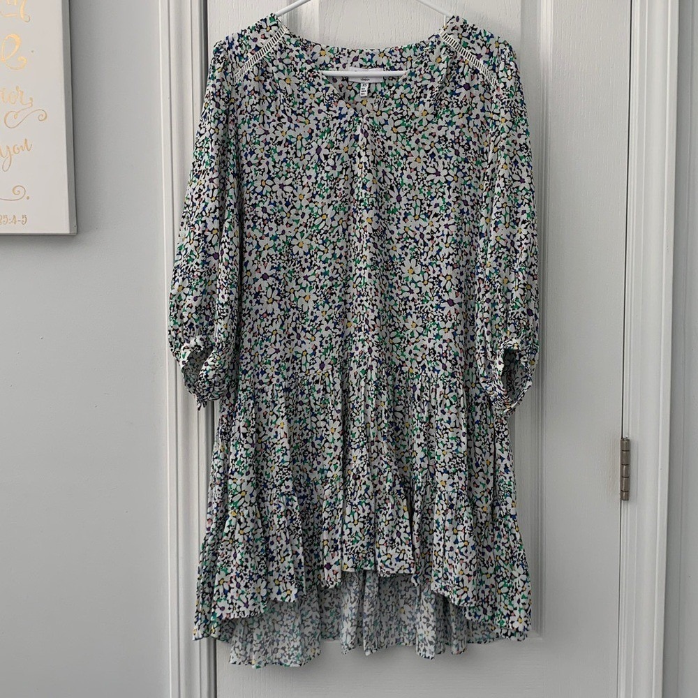 fresha Women Floral V-Neck‎ Tiered Ruffle Shift Dress Blue Green White XS